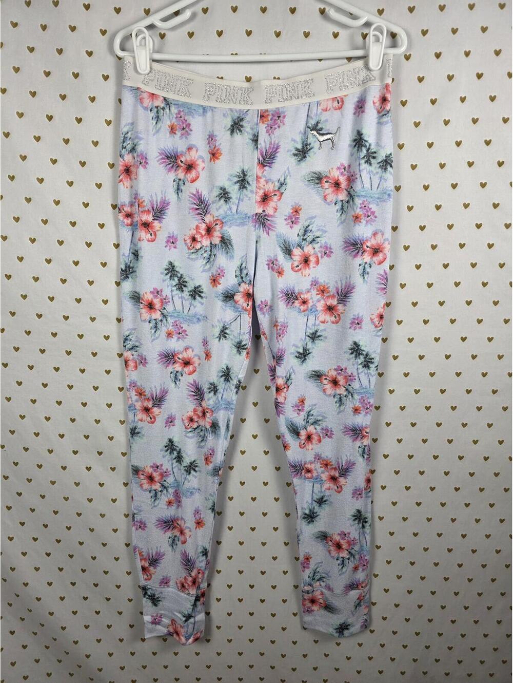 Victorias Secret Large Floral Tapered Sleep Pants Pajama Bottoms Blue
